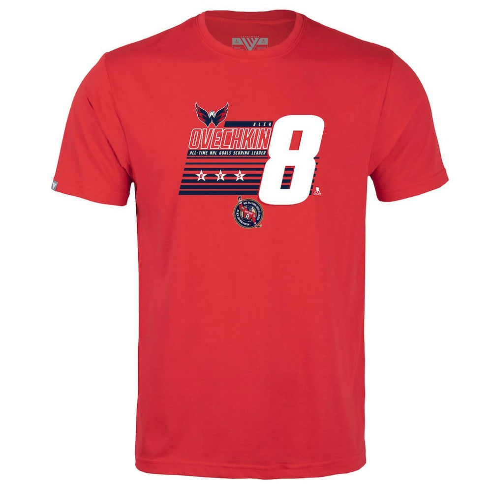 NHL Red Alexander Ovechkin Washington Capitals Levelwear Youth NHL All-Time Leading Goal Scorer Milestone Stripes Name & Number Little Richmond T-Shirt