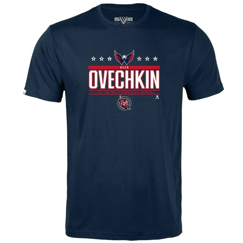 NHL Navy Alexander Ovechkin Washington Capitals Levelwear Youth NHL All-Time Leading Goal Scorer Milestone Stars Name & Number Little Richmond T-Shirt