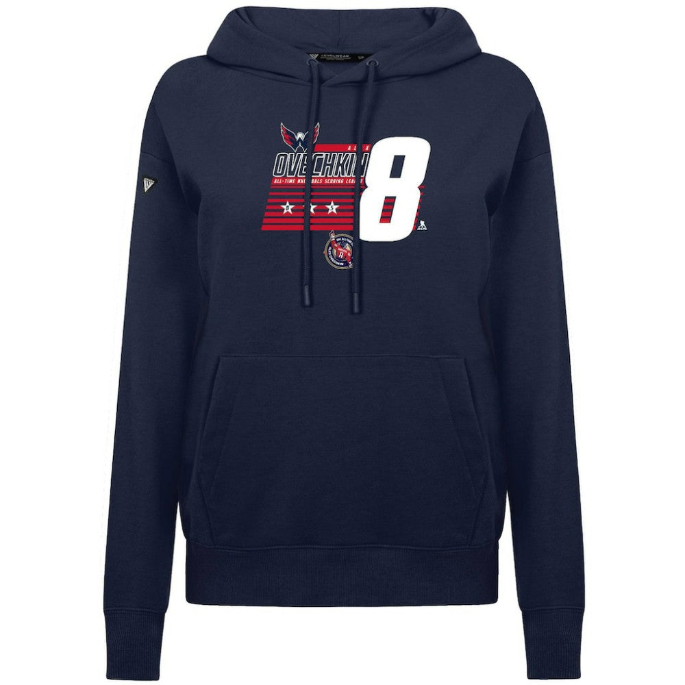 NHL Navy Alexander Ovechkin Washington Capitals Levelwear Women's NHL All-Time Leading Goal Scorer Milestone Stripes Name & Number Adorn Pullover Hoodie