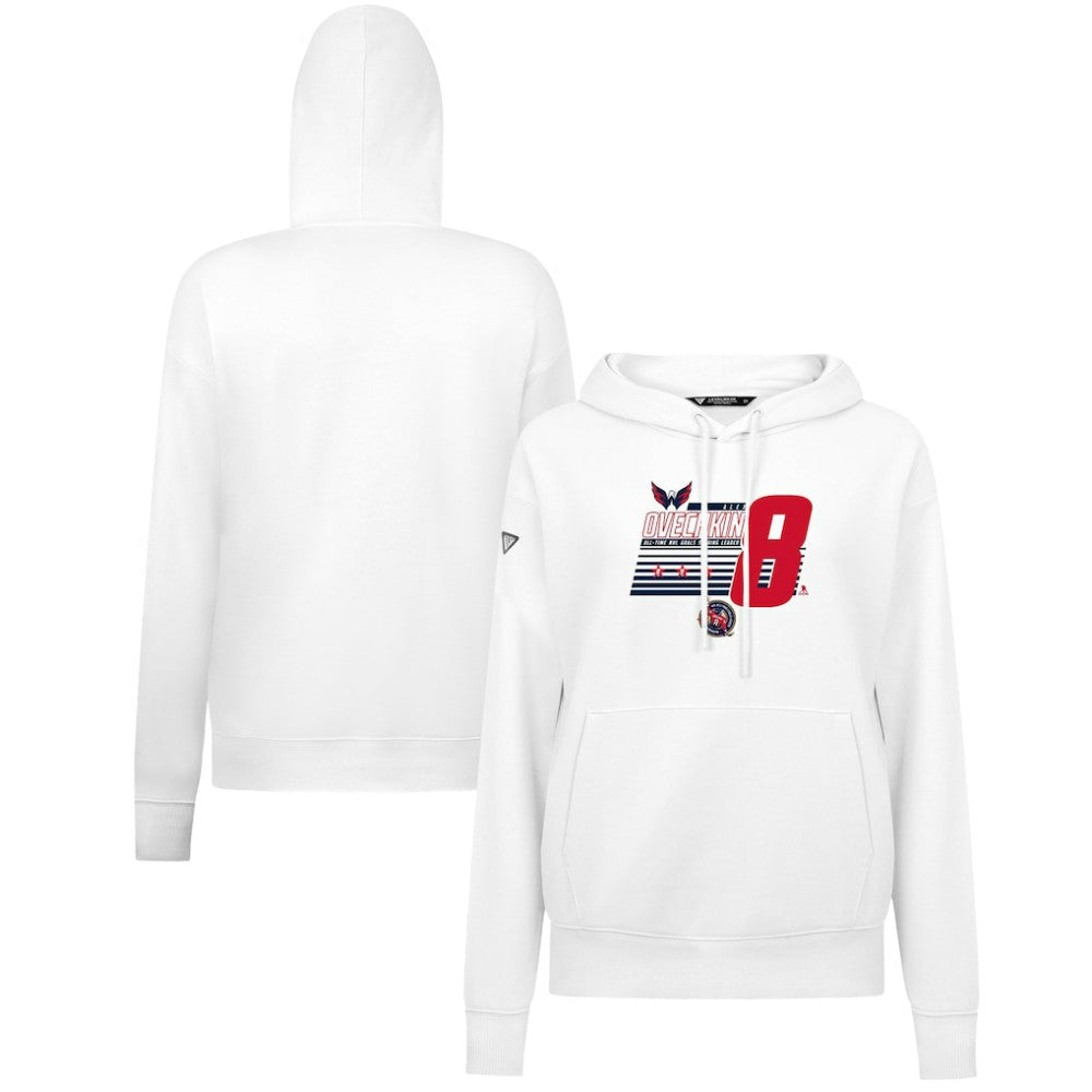 NHL White Alexander Ovechkin Washington Capitals Levelwear Women's NHL All-Time Leading Goal Scorer Milestone Stripes Name & Number Adorn Pullover Hoodie