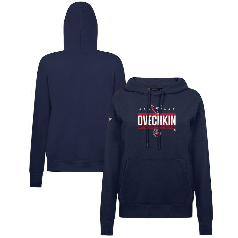 NHL Navy Alexander Ovechkin Washington Capitals Levelwear Women's NHL All-Time Leading Goal Scorer Milestone Stripes Name & Number Adorn Pullover Hoodie