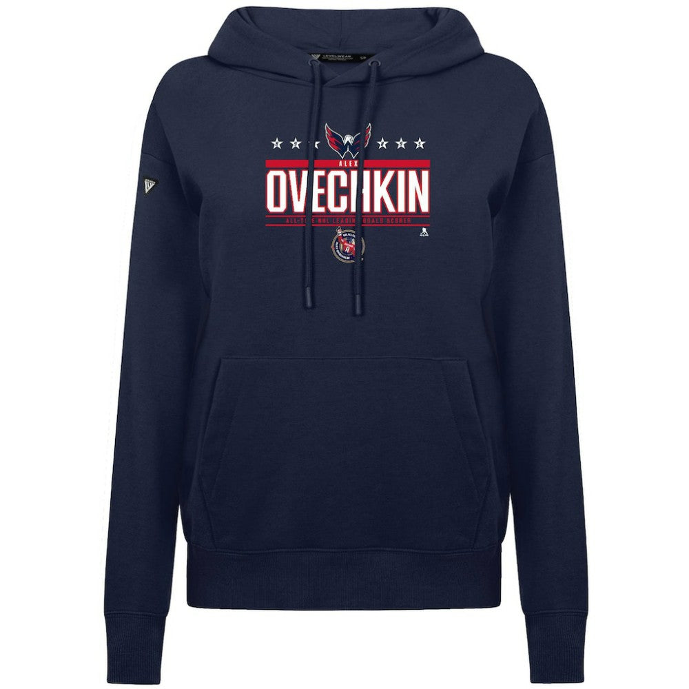 NHL Navy Alexander Ovechkin Washington Capitals Levelwear Women's NHL All-Time Leading Goal Scorer Milestone Stripes Name & Number Adorn Pullover Hoodie