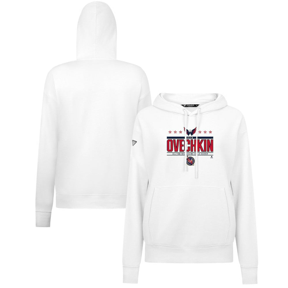 NHL White Alexander Ovechkin Washington Capitals Levelwear Women's NHL All-Time Leading Goal Scorer Milestone Stripes Name & Number Adorn Pullover Hoodie