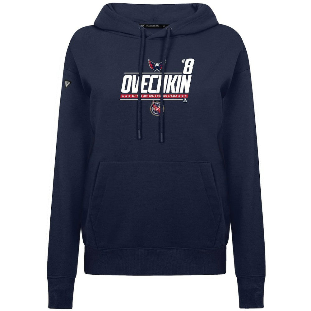NHL Navy Alexander Ovechkin Washington Capitals Levelwear Women's NHL All-Time Leading Goal Scorer Milestone Stripes Name & Number Adorn Pullover Hoodie