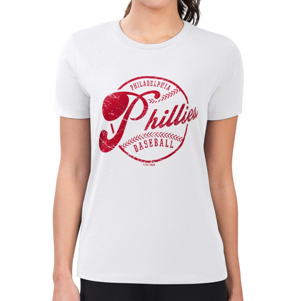 MLB Philadelphia Phillies G-III 4Her by Carl Banks Women's Super-Slim Fit Lightweight Distressed Baseball Team T-Shirt