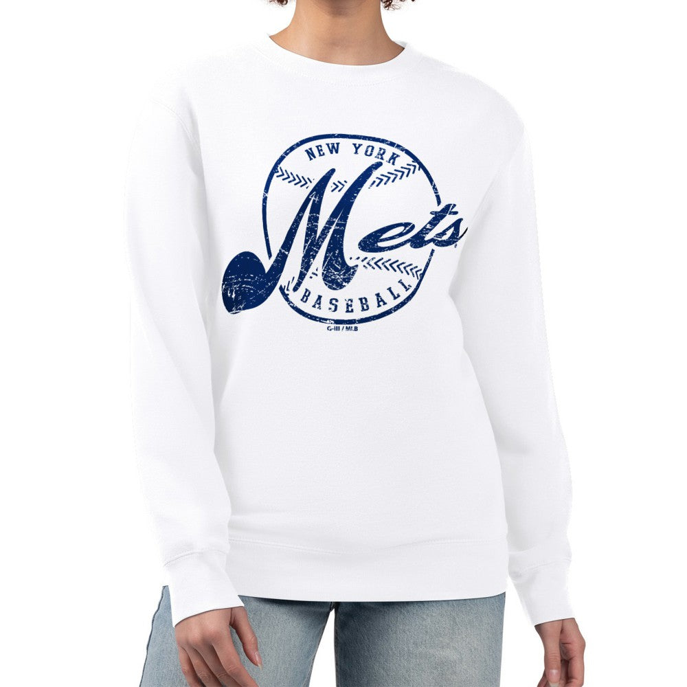 MLB New York Mets G-III 4Her by Carl Banks Women's Distressed Baseball Team Fleece Pullover Sweatshirt