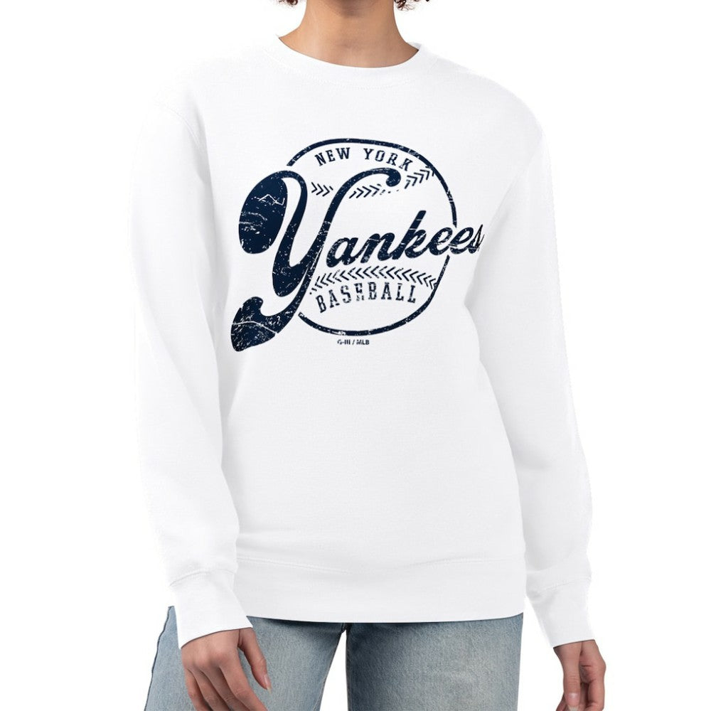 MLB New York Yankees G-III 4Her by Carl Banks Women's Distressed Baseball Team Fleece Pullover Sweatshirt