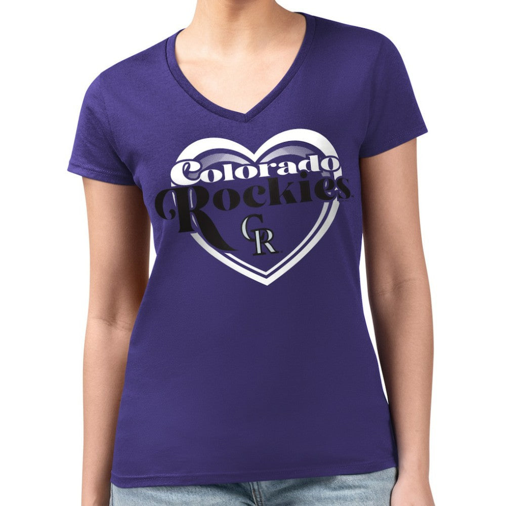 MLB Colorado Rockies G-III 4Her by Carl Banks Women's Super-Slim Fit Lightweight Double Heart V-Neck T-Shirt