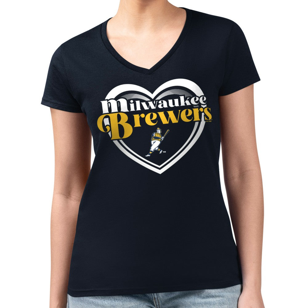 MLB Milwaukee Brewers G-III 4Her by Carl Banks Women's Super-Slim Fit Lightweight Double Heart V-Neck T-Shirt