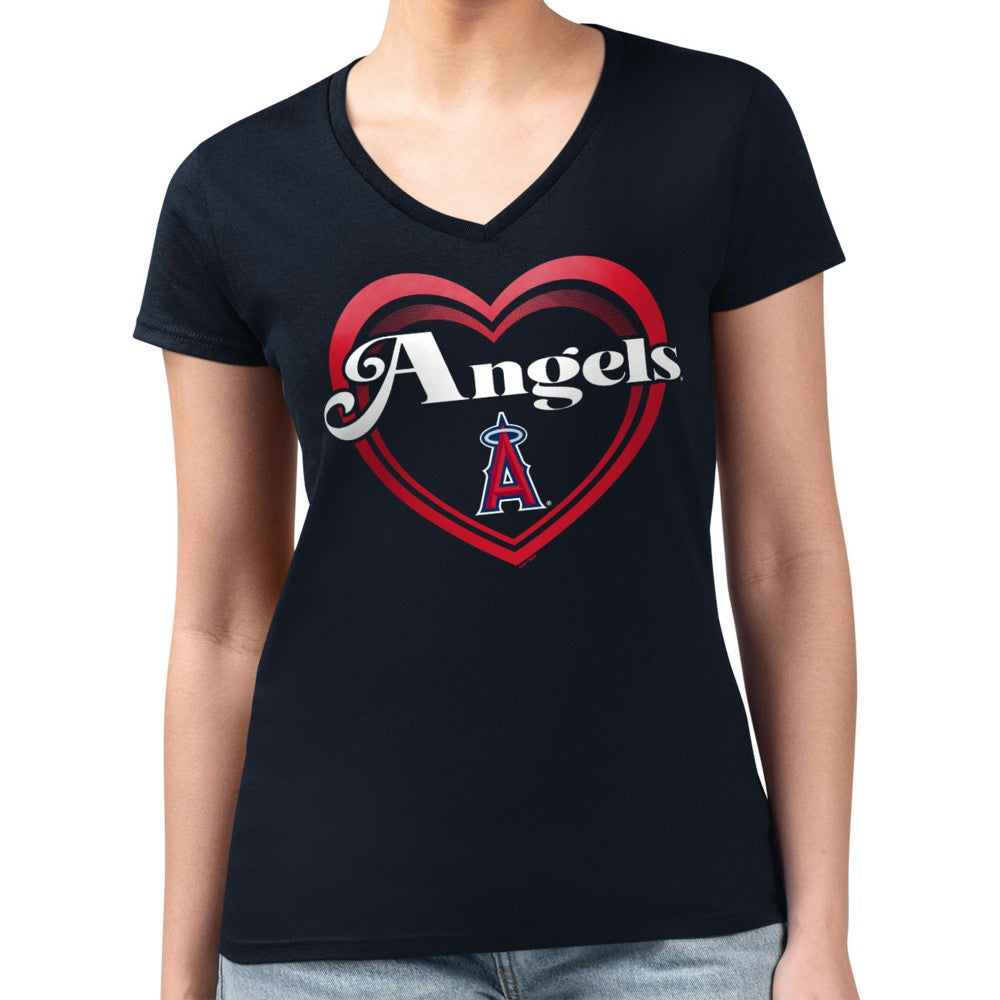 MLB Los Angeles Angels G-III 4Her by Carl Banks Women's Super-Slim Fit Lightweight Double Heart V-Neck T-Shirt