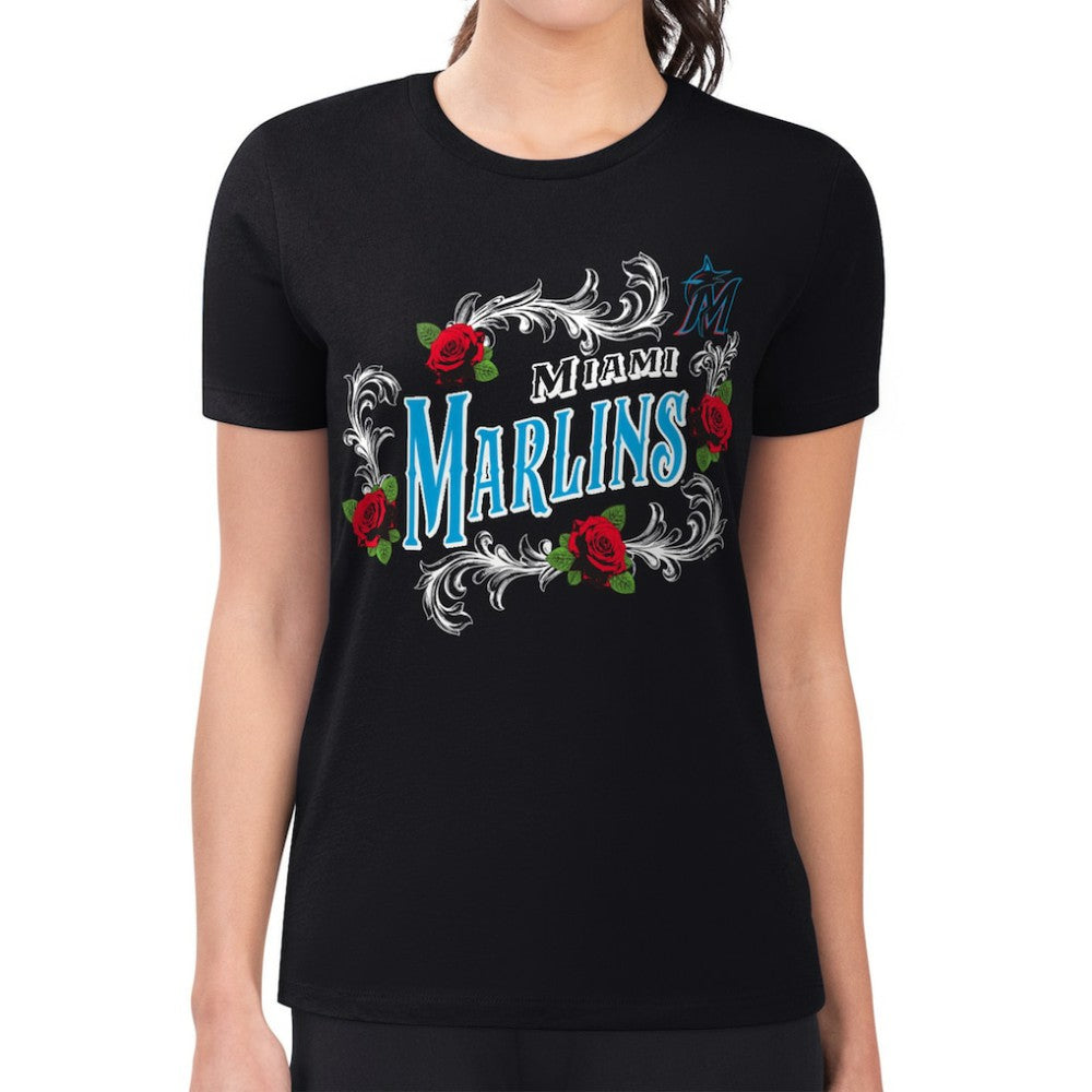 MLB Miami Marlins G-III 4Her by Carl Banks Women's Super-Slim Fit Lightweight Retro Roses T-Shirt