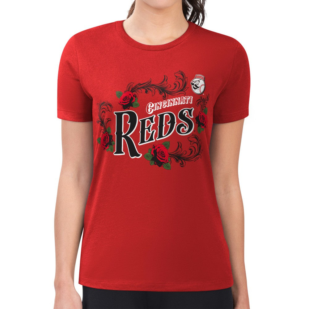 MLB Cincinnati Reds G-III 4Her by Carl Banks Women's Super-Slim Fit Lightweight Retro Roses T-Shirt