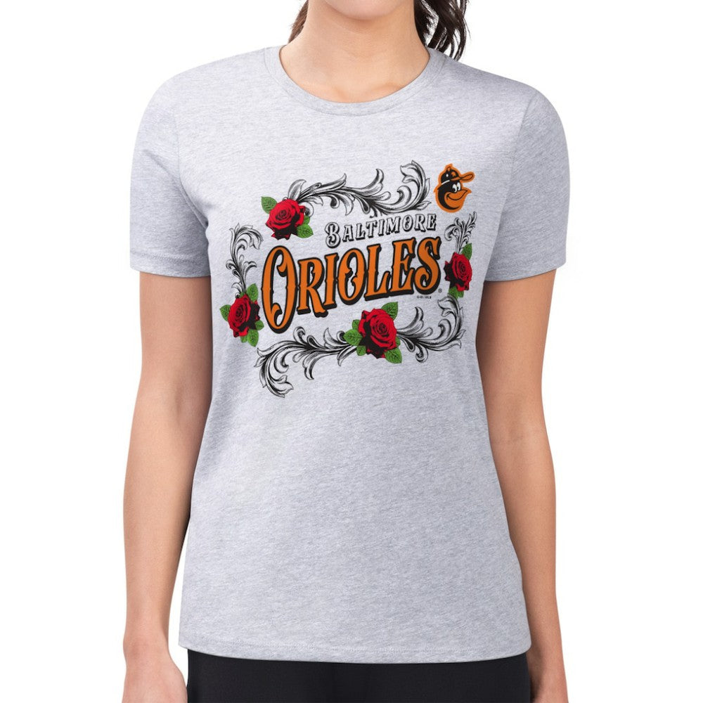 MLB Baltimore Orioles G-III 4Her by Carl Banks Women's Super-Slim Fit Lightweight Retro Roses T-Shirt