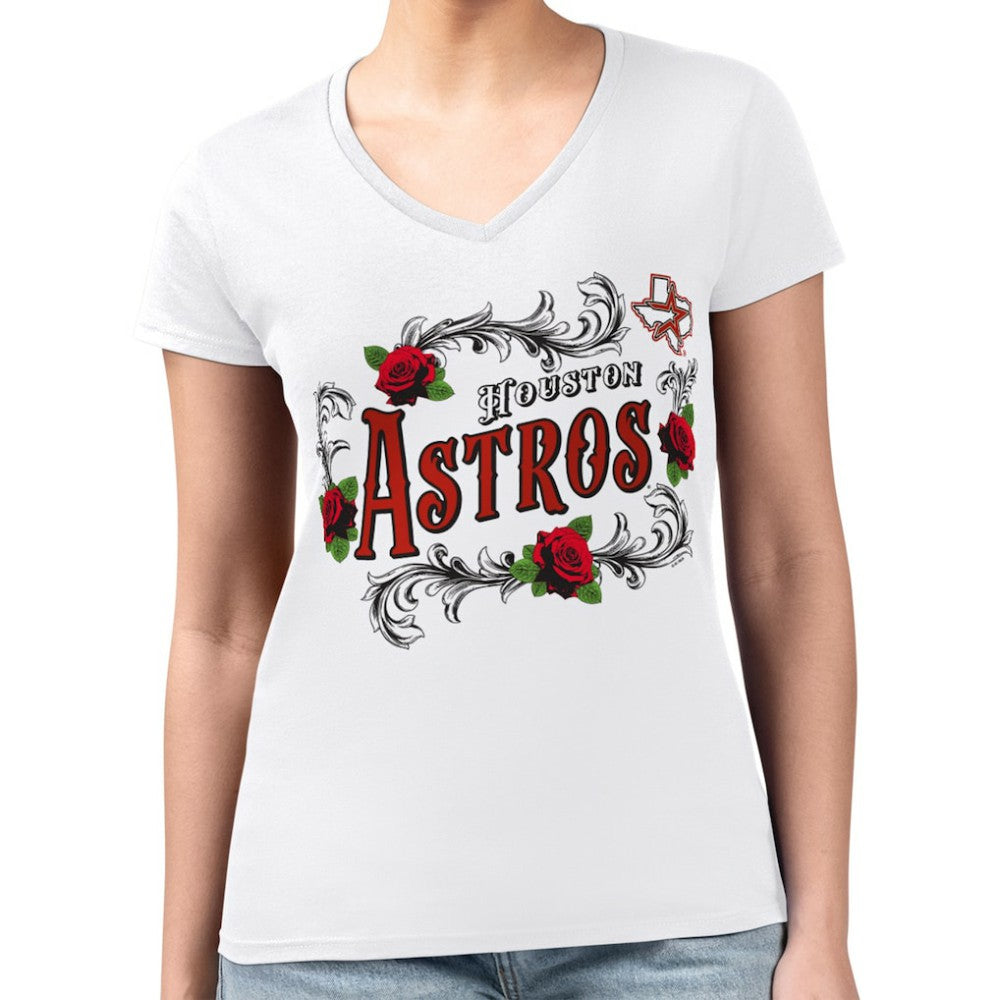 MLB Houston Astros G-III 4Her by Carl Banks Women's Super-Slim Fit Lightweight Retro Roses V-Neck T-Shirt