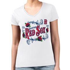 MLB Boston Red Sox G-III 4Her by Carl Banks Women's Super-Slim Fit Lightweight Retro Roses V-Neck T-Shirt