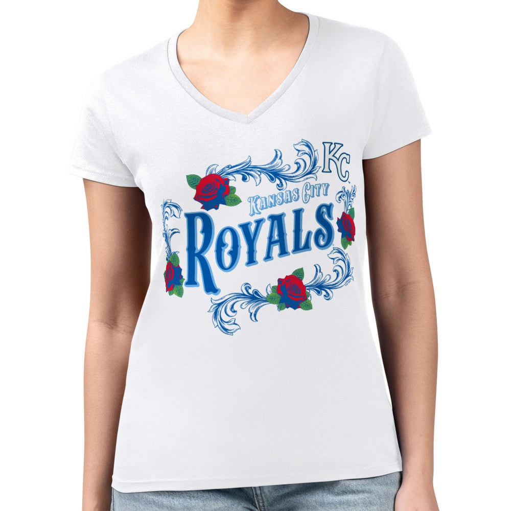 MLB Kansas City Royals G-III 4Her by Carl Banks Women's Super-Slim Fit Lightweight Retro Roses V-Neck T-Shirt