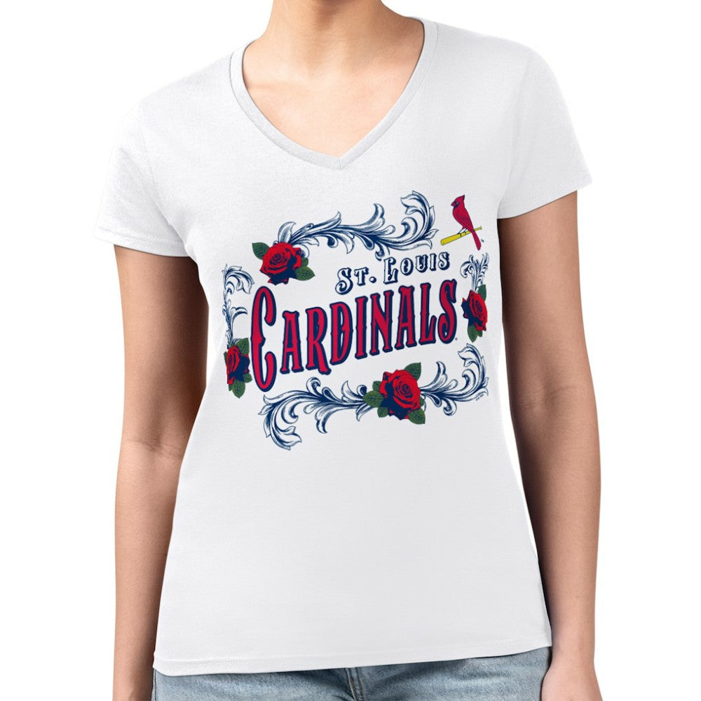 MLB St. Louis Cardinals G-III 4Her by Carl Banks Women's Super-Slim Fit Lightweight Retro Roses V-Neck T-Shirt