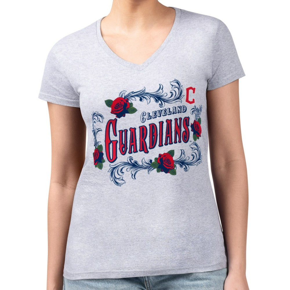 MLB Cleveland Guardians G-III 4Her by Carl Banks Women's Super-Slim Fit Lightweight Retro Roses V-Neck T-Shirt