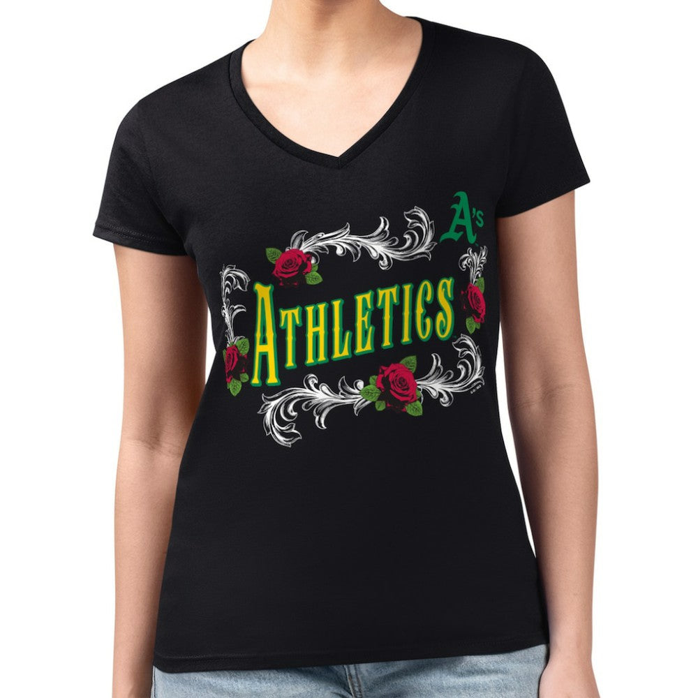 MLB Athletics G-III 4Her by Carl Banks Women's Super-Slim Fit Lightweight Retro Roses V-Neck T-Shirt