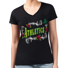 MLB Athletics G-III 4Her by Carl Banks Women's Super-Slim Fit Lightweight Retro Roses V-Neck T-Shirt