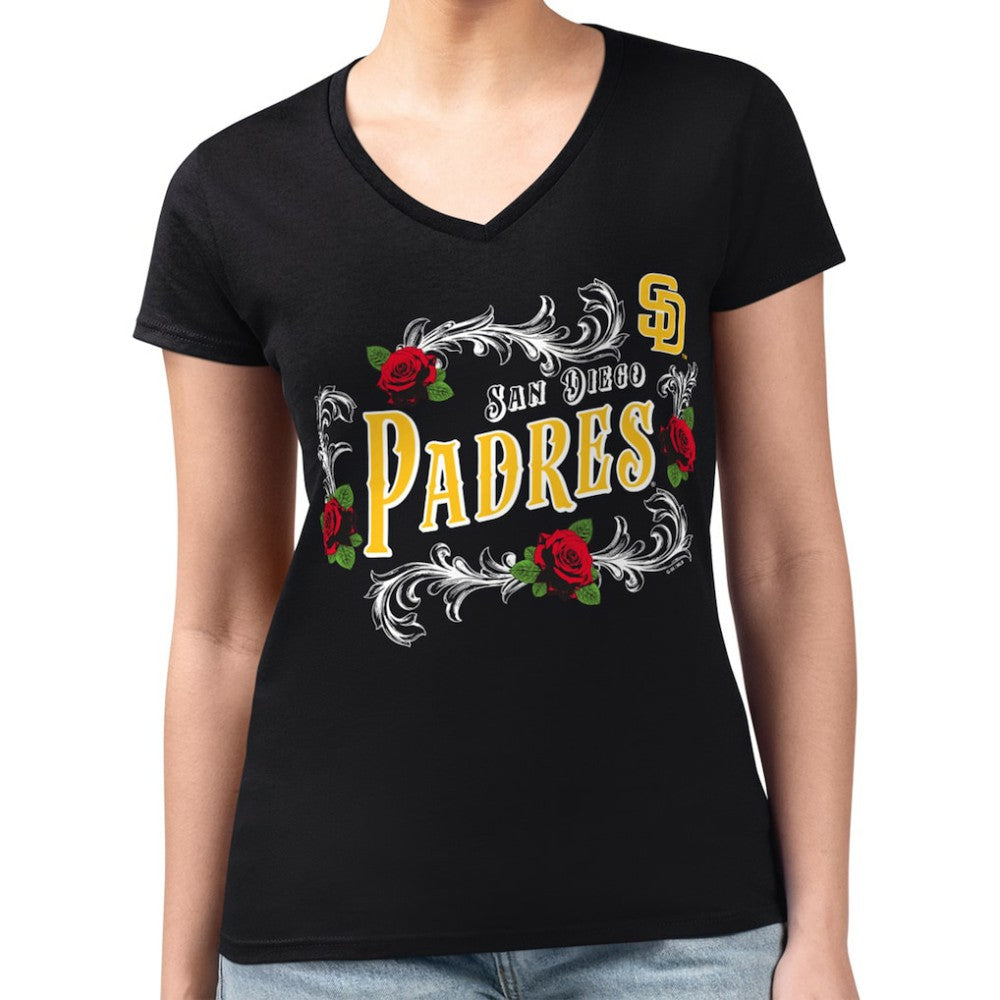 MLB San Diego Padres G-III 4Her by Carl Banks Women's Super-Slim Fit Lightweight Retro Roses V-Neck T-Shirt