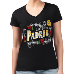 MLB San Diego Padres G-III 4Her by Carl Banks Women's Super-Slim Fit Lightweight Retro Roses V-Neck T-Shirt