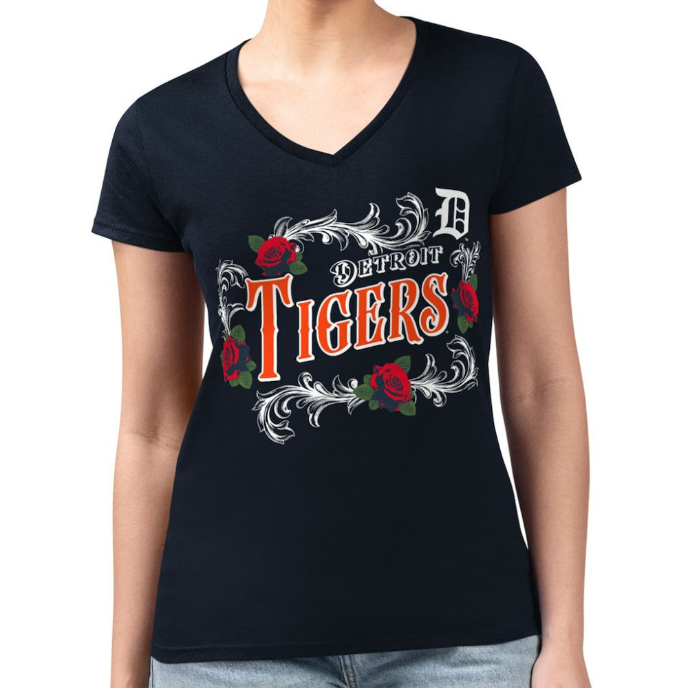MLB Detroit Tigers G-III 4Her by Carl Banks Women's Super-Slim Fit Lightweight Retro Roses V-Neck T-Shirt