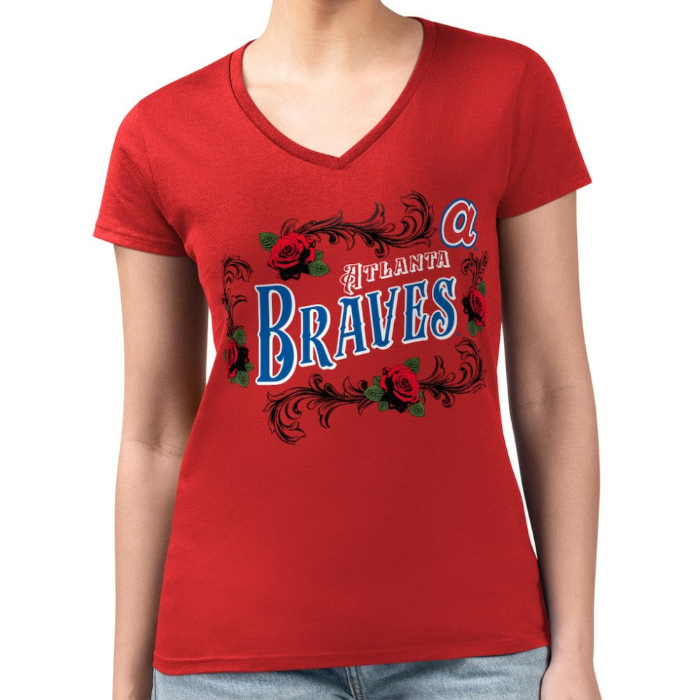 MLB Atlanta Braves G-III 4Her by Carl Banks Women's Super-Slim Fit Lightweight Retro Roses V-Neck T-Shirt