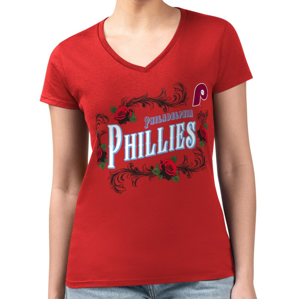 MLB Philadelphia Phillies G-III 4Her by Carl Banks Women's Super-Slim Fit Lightweight Retro Roses V-Neck T-Shirt
