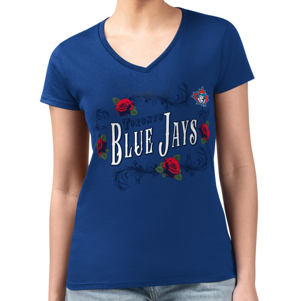 MLB Toronto Blue Jays G-III 4Her by Carl Banks Women's Super-Slim Fit Lightweight Retro Roses V-Neck T-Shirt