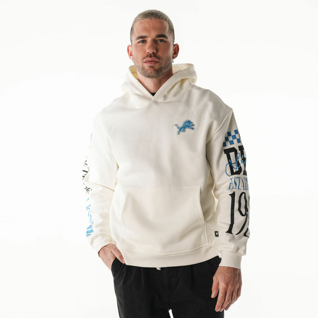 The Wild Collective Unisex Stacked Graphic Sleeve Fleece Hoodie - Detroit Lions