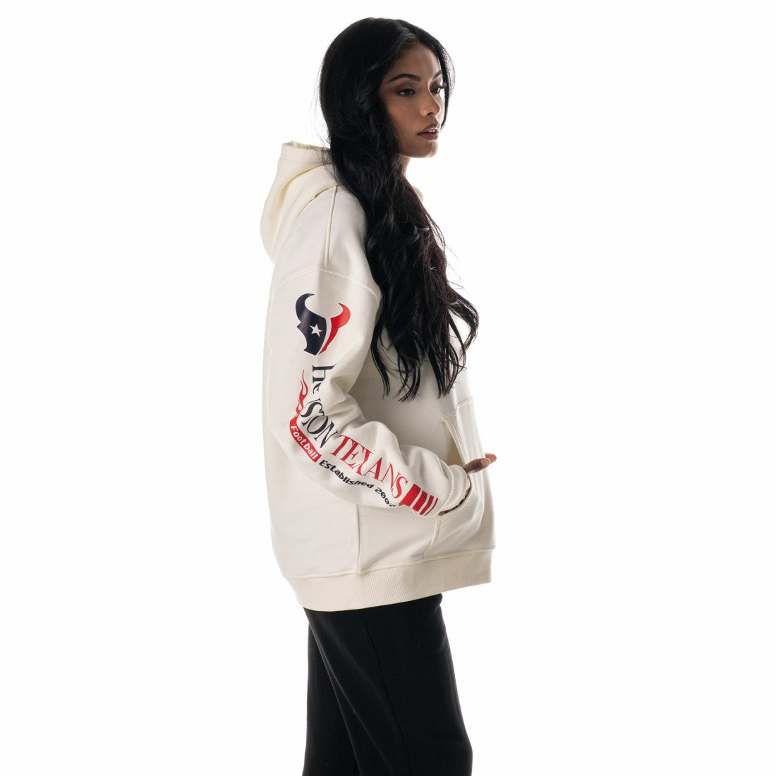 The Wild Collective Unisex Stacked Graphic Sleeve Fleece Hoodie - Houston Texans
