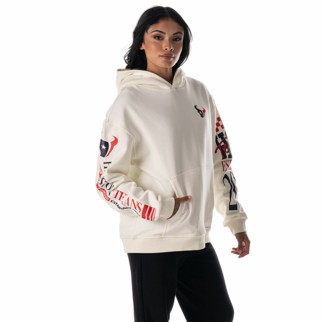 The Wild Collective Unisex Stacked Graphic Sleeve Fleece Hoodie - Houston Texans
