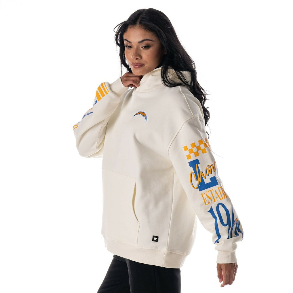 The Wild Collective Unisex Stacked Graphic Sleeve Fleece Hoodie - Los Angeles Chargers