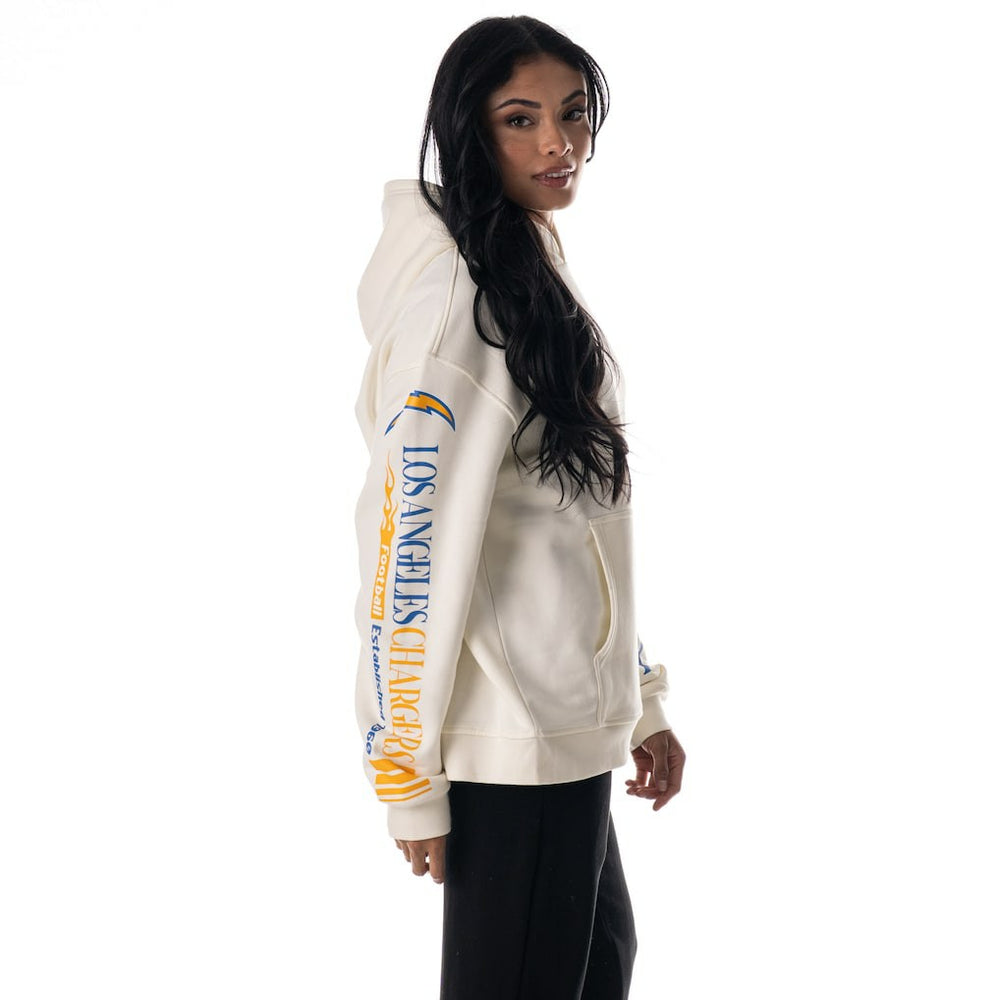 The Wild Collective Unisex Stacked Graphic Sleeve Fleece Hoodie - Los Angeles Chargers