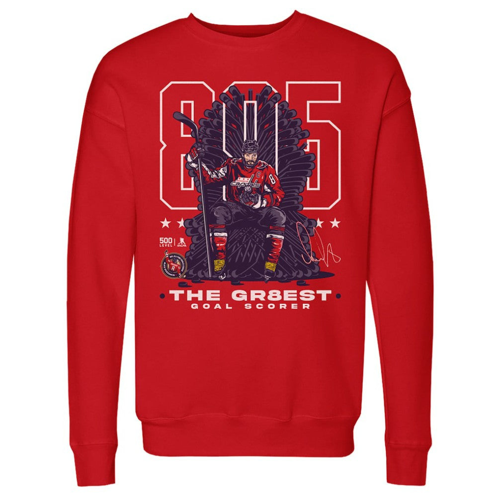 NHL Red Alexander Ovechkin Washington Capitals 500 Level NHL All-Time Leading Goal Scorer Throne Pullover Sweatshirt