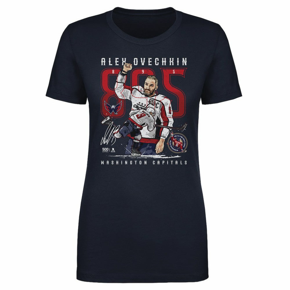 NHL Navy Alexander Ovechkin Washington Capitals 500 Level Women's NHL All-Time Leading Goal Scorer The Shot T-Shirt