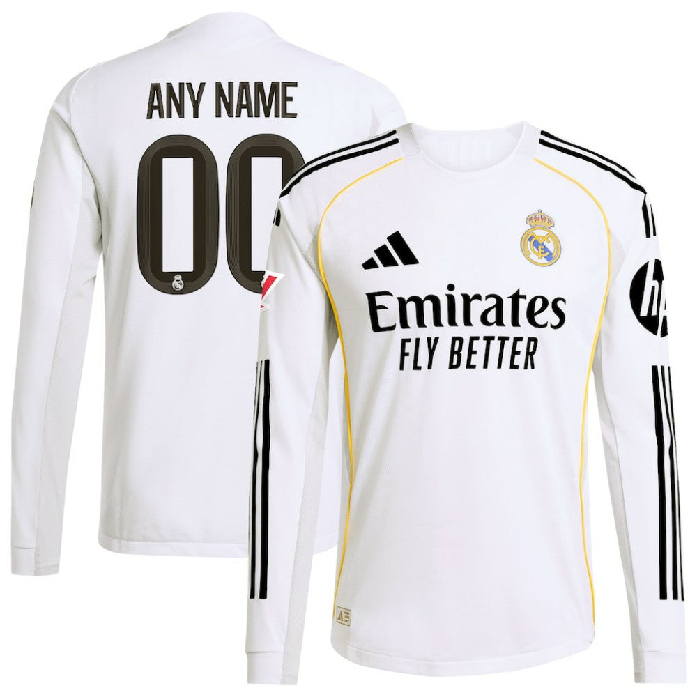 Real Madrid 2025/26 Home Long Sleeve Custom Jersey - Adidas White