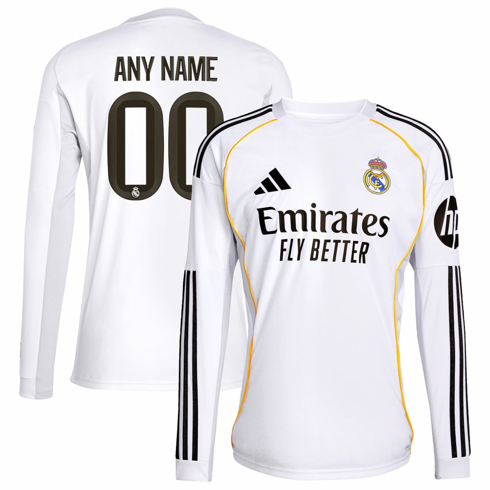 Real Madrid 2025/26 Home Replica Long Sleeve Custom Jersey - Adidas White