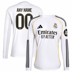 Real Madrid 2025/26 Home Replica Long Sleeve Custom Jersey - Adidas White