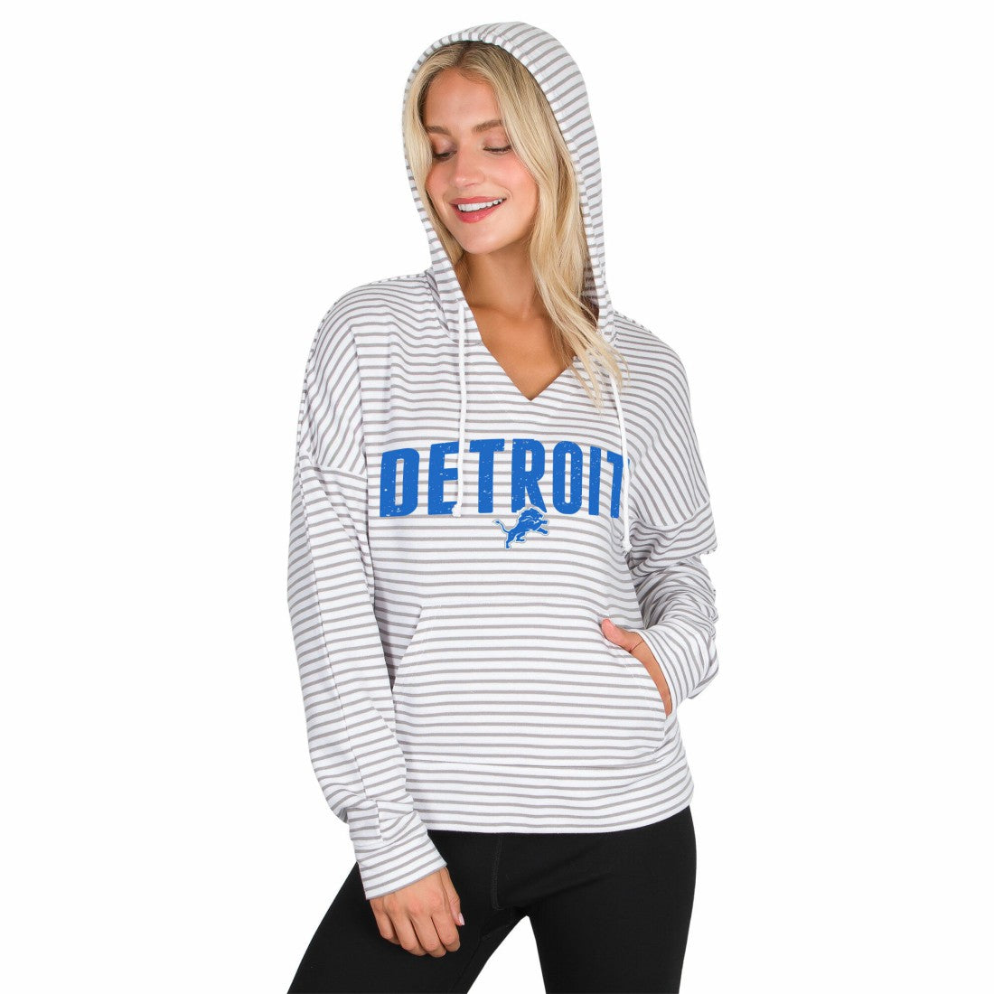 Concepts Sport Women's Liftoff Striped V-Neck Hoodie - Detroit Lions