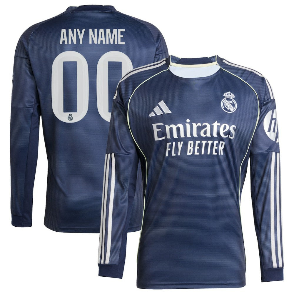 Real Madrid 2025/26 Away Long Sleeve Replica Custom Jersey - Adidas Blue