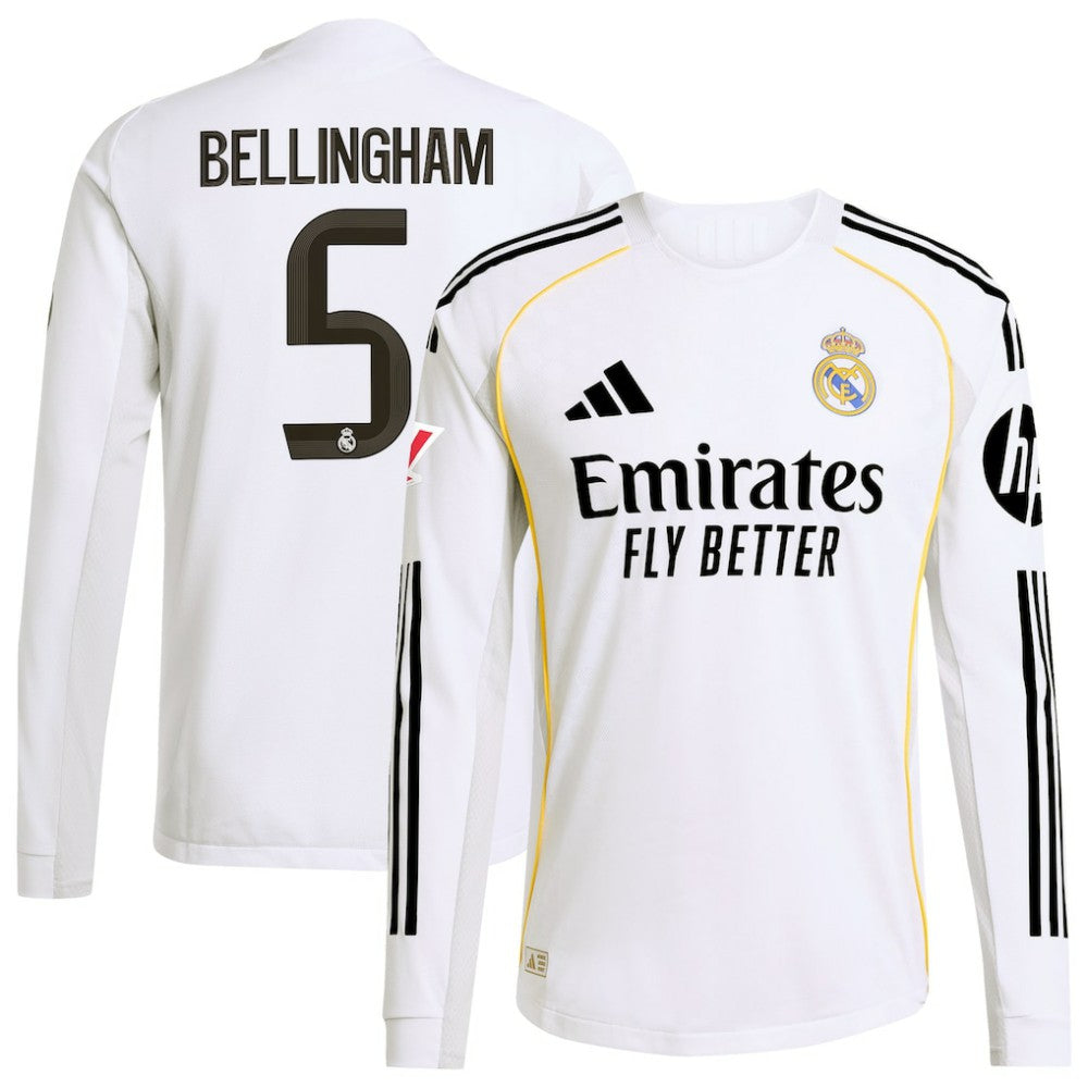 Jude Bellingham Real Madrid 2025/26 Home Long Sleeve Jersey - Adidas White