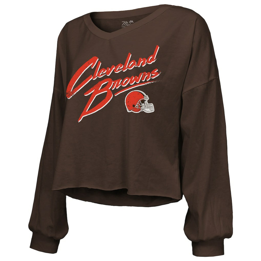 Shedeur Sanders  Majestic Threads Women's Name & Number Off-Shoulder Script Cropped Long Sleeve Relaxed V-Neck T-Shirt - Cleveland Browns