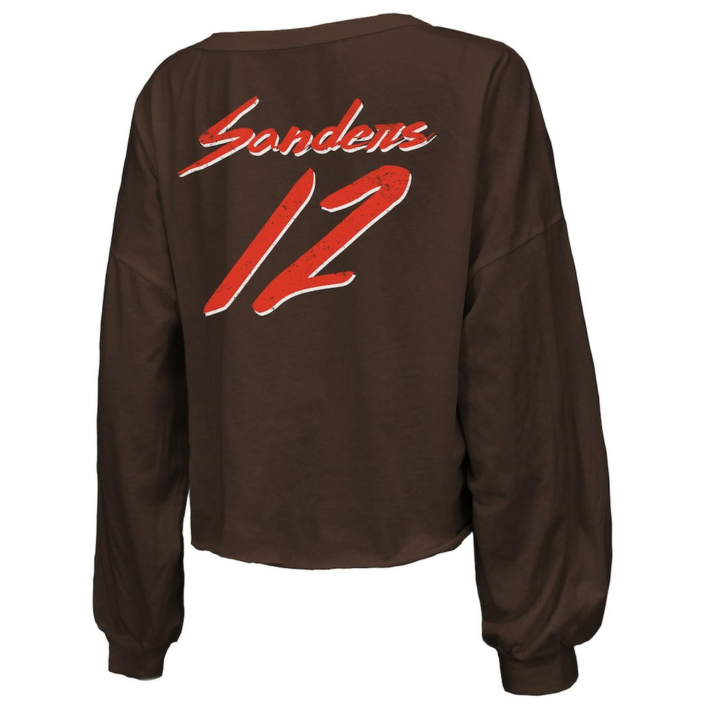 Shedeur Sanders  Majestic Threads Women's Name & Number Off-Shoulder Script Cropped Long Sleeve Relaxed V-Neck T-Shirt - Cleveland Browns