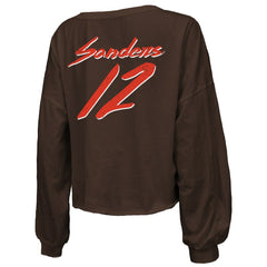 Shedeur Sanders  Majestic Threads Women's Name & Number Off-Shoulder Script Cropped Long Sleeve Relaxed V-Neck T-Shirt - Cleveland Browns