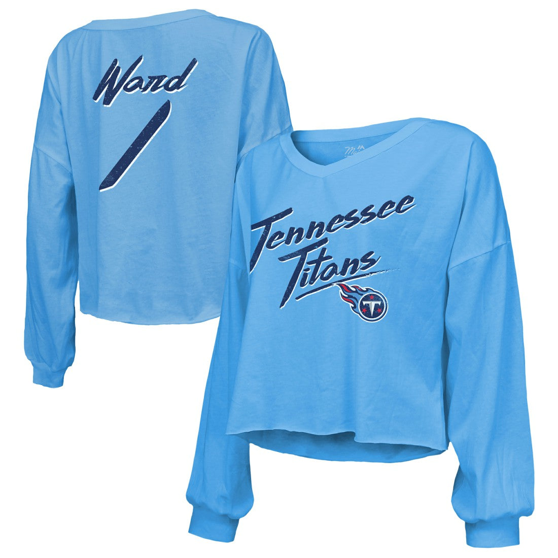 Cameron Ward  Majestic Threads Women's Name & Number Off-Shoulder Script Cropped Long Sleeve Relaxed V-Neck T-Shirt - Tennessee Titans