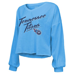 Cameron Ward  Majestic Threads Women's Name & Number Off-Shoulder Script Cropped Long Sleeve Relaxed V-Neck T-Shirt - Tennessee Titans