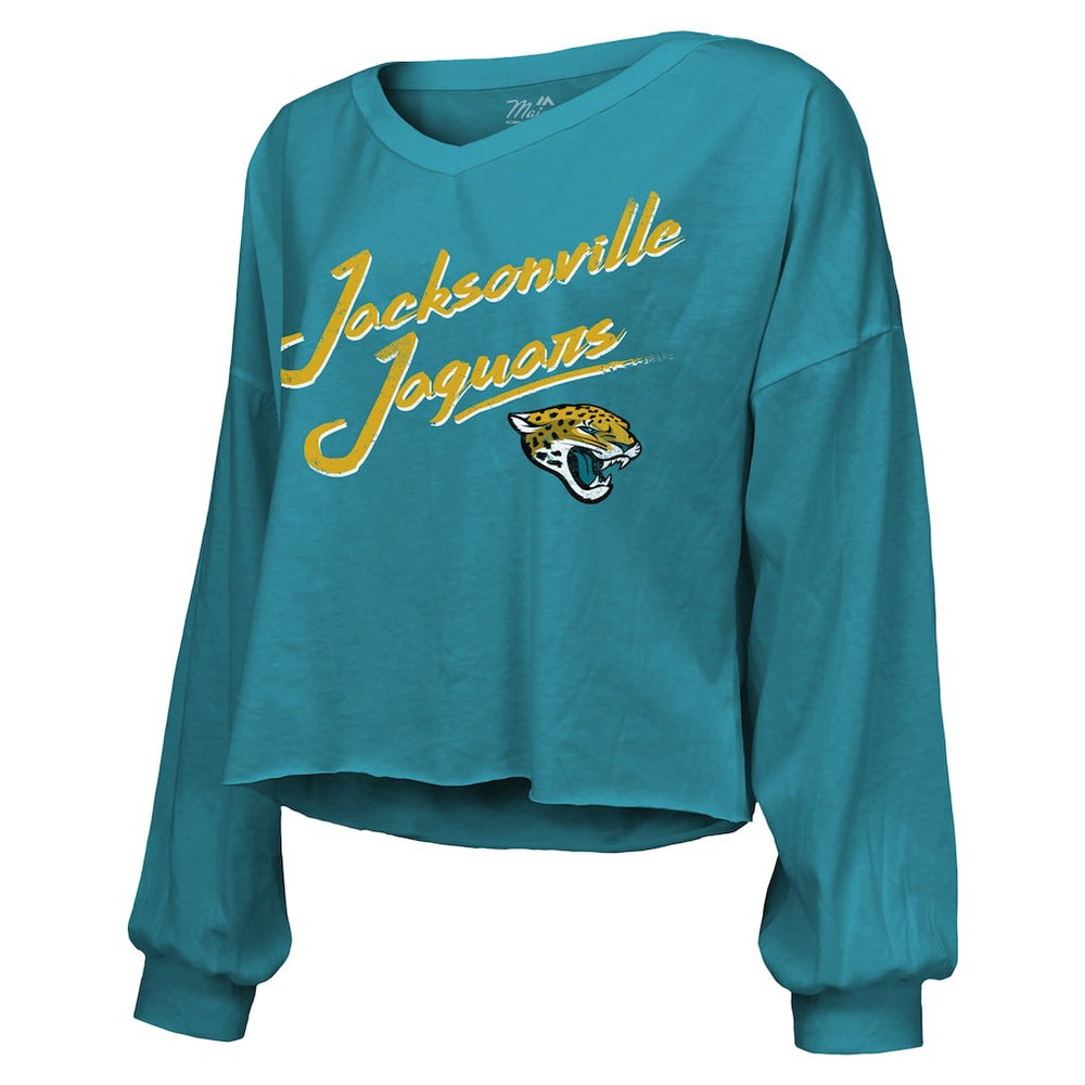 Travis Hunter  Majestic Threads Women's Name & Number Off-Shoulder Script Cropped Long Sleeve Relaxed V-Neck T-Shirt - Jacksonville Jaguars