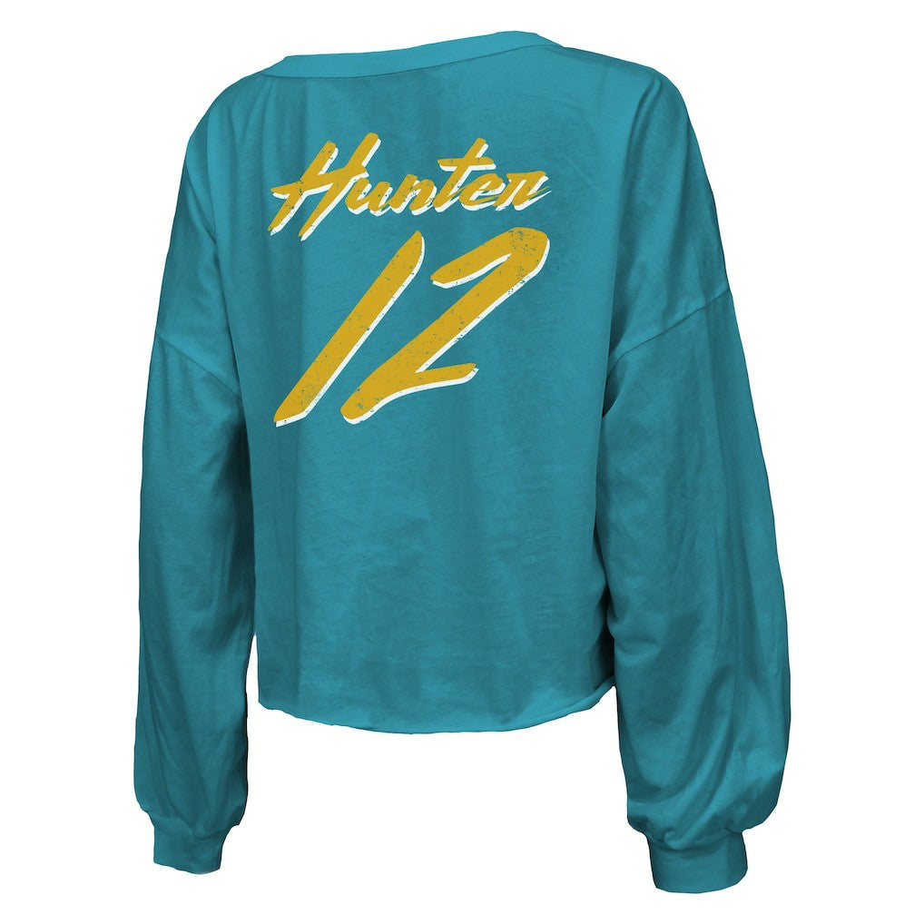 Travis Hunter  Majestic Threads Women's Name & Number Off-Shoulder Script Cropped Long Sleeve Relaxed V-Neck T-Shirt - Jacksonville Jaguars